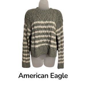 American Eagle Outfitters Olive and Cream Striped Sweater SMALL #X